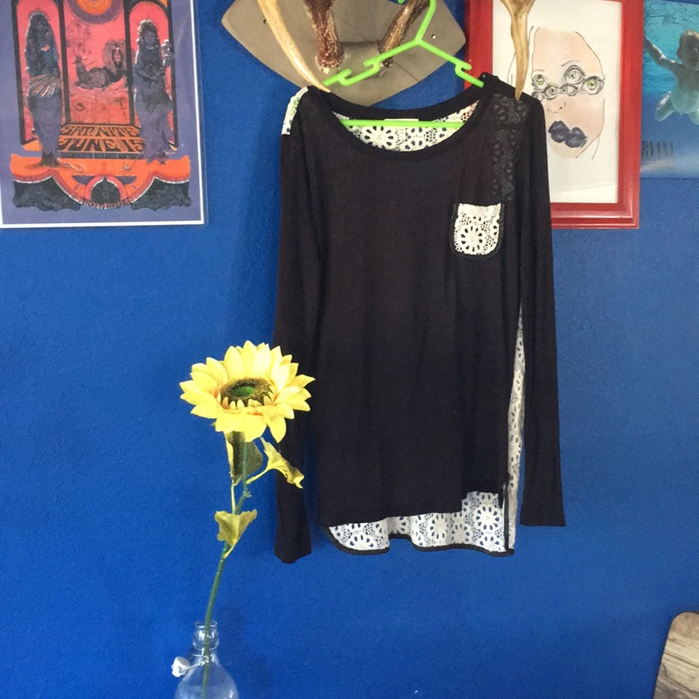 Monteau Black Long Sleeve Top With Lace
